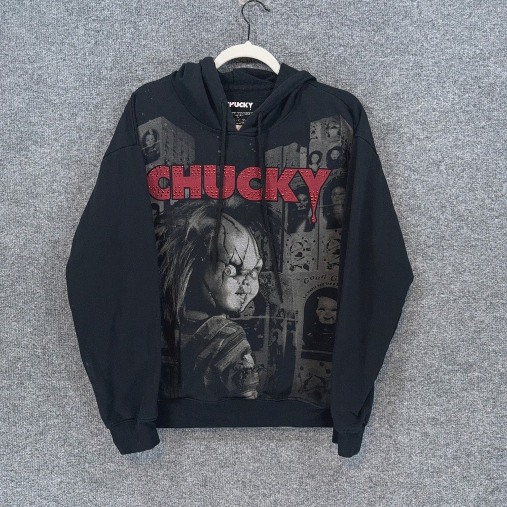 Chucky Hoodie Womens Medium Black Seed of Chucky Rhinestone Graphic Horror Movie
